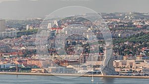 Monument to the Discoveries aerial timelapse located on the northern bank of the Tagus River in Lisbon, Portugal photo