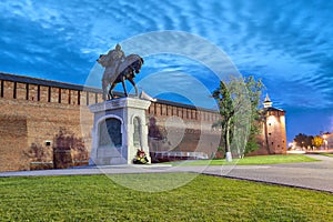 A monument to Dmitry Donskoy and kremlin wall in Kolomna