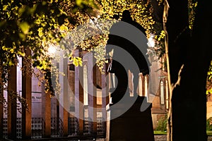 Monument to Duke Albrecht and Immanuel Kant grave at night, Memorial for german philosopher, Kaliningrad, Koenigsberg, Russia