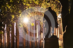 Monument to Duke Albrecht and Immanuel Kant grave at night. Memorial for german philosopher. Kaliningrad, Koenigsberg, Russia