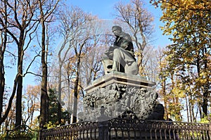 Monument to the famous Russian fabulist Ivan Krylov in the Summer Garden in Saint-Petersburg, Russia