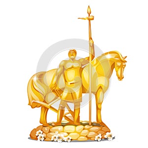 Monument to the first settler in Russian city Penza made of gold isolated on white background. Vector cartoon close-up