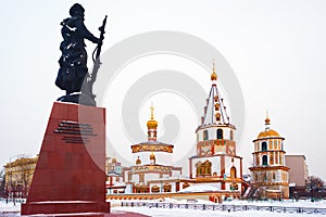 Monument to the founders of Irkutsk and the Cathedral of the Epiphany