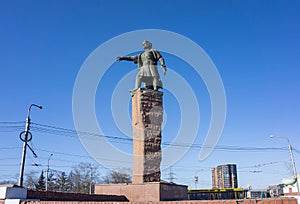 Monument to the governor Andrei Dubensky against the blue sky, on the street of the city of Krasnoyarsk..