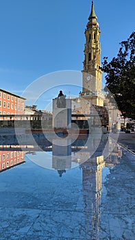 Monument to Goya with the Cathedral of San Salvador in the Plaza del Pilar, Zaragoza, Spain