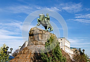 Monument to Hetman Bogdan Khmelnitsky on Sophia Square with the inscription, Kiev, Ukraine