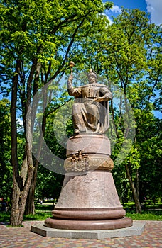 The monument to Hetman Ivan Mazepa on Cathedral Square in Poltava. Ivan Mazepa was the Cossack Hetman of the Hetmanate in Ukraine