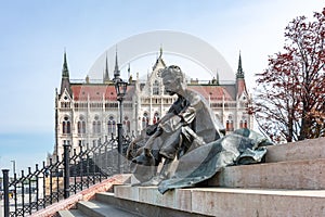 Monument to Hungarian poet Jozsef Attila on Danube embankment with Parliament of Hungary at background, Budapest, Hungary