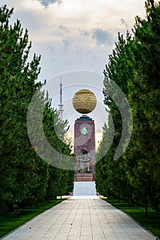 Monument to the Independence and Humanism in gold globe form at the Independence square, Tashkent.