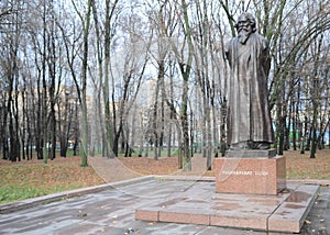 Monument to the Indian writer, poet, composer, artist, public figure Rabindranath Tagore in the Friendship Park, Moscow.