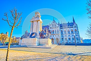 The monument to Istvan Tisza on Kossuth Lajos Square next to Parliament building, Budapest, Hungary