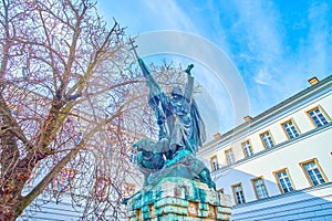 The monument to John of Capistrano on Kapisztran ter on Buda Castle District in Budapest, Hungary