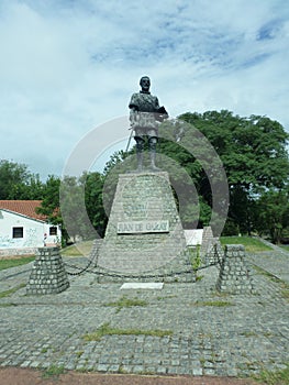 Monument to Juan de Garay in the city of Santa Fe. Plaza the three cultures. Statue. Art. Historic helmet. (Argentina) photo