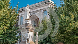 Monument to Leonardo da Vinci in Piazza della Scala meaning La Scala square timelapse in Milan, Italy