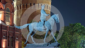 The monument to Marshal Zhukov near the Historical Museum at night timelapse . Moscow, Russia