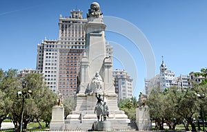 Monument to Miguel de Cervantes Saavedra on Plaza de Espana (Spain Square), Madrid, Spain.