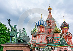 Monument to Minin and Pozharsky and Cathedral of Vasily the Blessed Saint Basil`s Cathedral on Red Square, Moscow, Russia