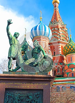 Monument to Minin and Pozharsky on Red Square in front of Saint Basil`s Cathedral. Moscow, Russia.