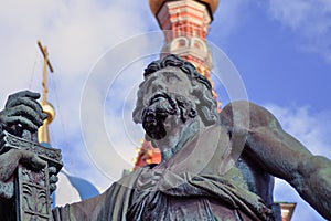 Monument to Minin and Pozharsky and Saint Basils cathedral in Moscow. Color photo