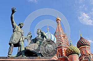 Monument to Minin and Pozharsky and St. Basil`s Cathedral