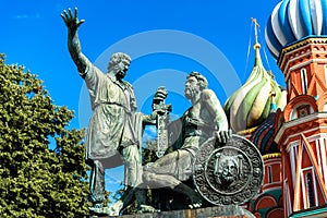 Monument to Minin and Pozharsky by St Basil`s Cathedral in Moscow, Russia