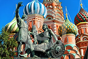 Monument to Minin and Pozharsky by St Basil`s Cathedral in Moscow, Russia