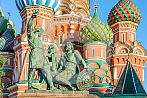 Monument to Minin and Pozharsky and St Basil's cathedral, Red Square, Moscow, Russia