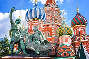 Monument to Minin and Pozharsky and St Basil's cathedral on Red Square, Moscow, Russia