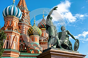 Monument to Minin and Pozharsky by St Basilâ€™s Cathedral in Moscow, Russia