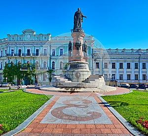 The Monument to Odessa Founders and monogram of Catherine the Great, Ukraine