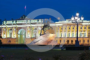 Monument to Peter the Great and Constitutional Court on Senate square at night, Saint Petersburg, Russia