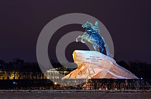 Monument to Peter the Great and Constitutional Court on Senate square at night, Saint Petersburg, Russia