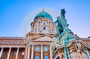 The monument to Prince Eugene of Savoy at the front facade of Buda Castle in Budapest, Hungary