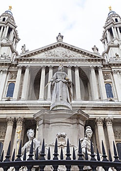 Monument to Queen Anne in front of the St Paul`s Cathedral, London, United Kingdom.