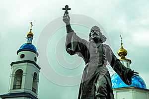 The monument to the regimental priest in the city of Maloyaroslavets of the Kaluga region in Russia.