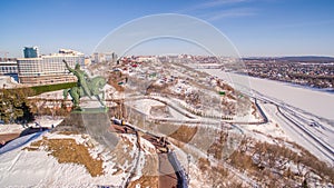Monument to Salavat Yulaev in Ufa at winter aerial view