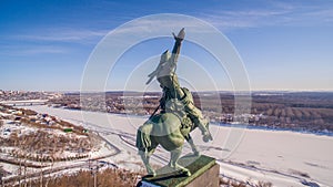 Monument to Salavat Yulaev in Ufa at winter aerial view