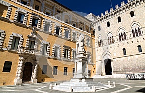 Monument to Sallustio Bandini and Palazzo Salimbeni in Siena, Italy