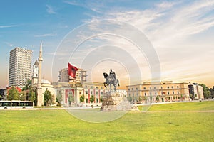 Monument to Skanderbeg in Scanderbeg Square in the center of Tirana, Albania