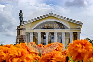 Monument to Soviet statesman Sergei Kirov near old musical drama theater
