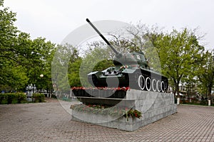 Monument to the tank that passed, the Second World War is installed in a park in Vladivostok