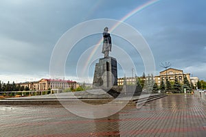 Monument to V. I. Lenin on revolution square in the city of Krasnoyarsk, Russia.