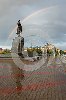 Monument to V. I. Lenin on revolution square in the city of Krasnoyarsk, Russia.