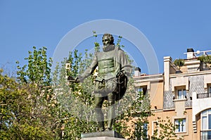 Monument to writer Miguel de Cervantes Saavedra on Plaza de las Cortes in Madrid, Spain