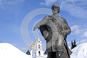 Monument to Yuri Dolgoruky and Assumption cathedral. Kremlin in Dmitrov, ancient town in Moscow region.