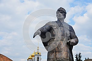 Monument to Yuri Dolgoruky. Kremlin in Dmitrov, ancient town in Moscow region.