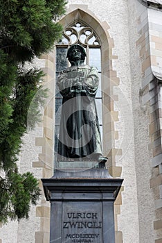 The monument of Urlich Zwingli in the center of Zurich photo