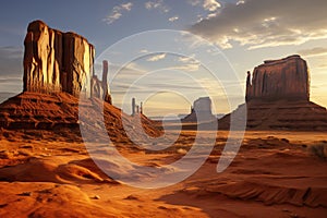 Monument valley landscape, cloudy sky at sunset sunrise. Navajo tribal park, United states of America, Utah, Arizona desert