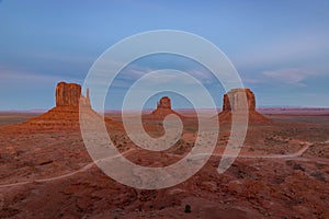 Monument Valley Landscape at Sunset - West Mitten Butte, East Mitten Butte and Merrick Butte