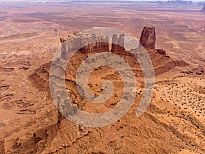 Monument valley rocks in Arizona desert. Aerial view